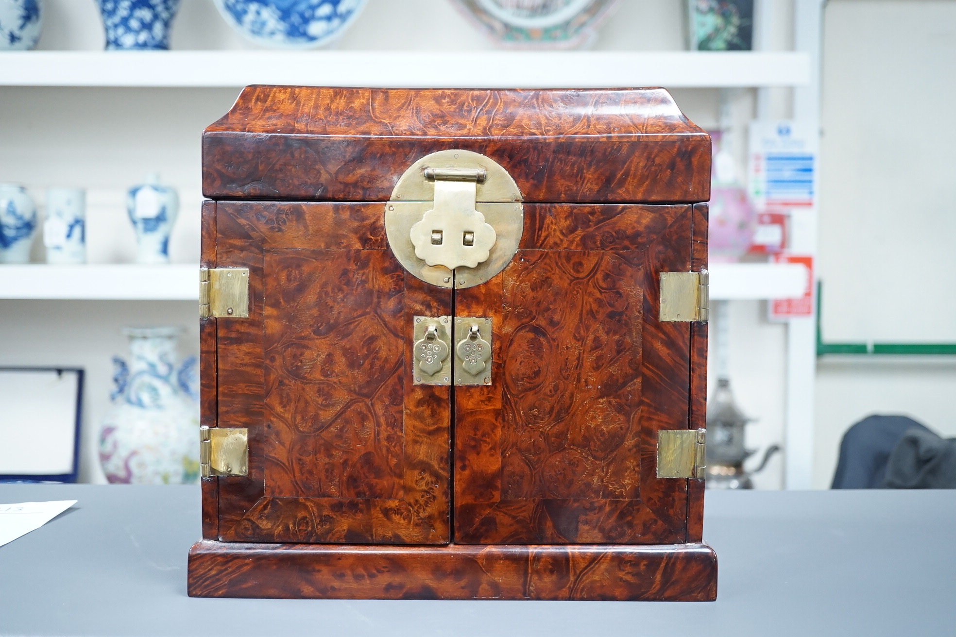 A Chinese burrwood scholar's cabinet, 19th century